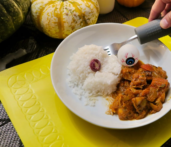 TC-MAT-35-3-Yellow-Table-Mat+T-CG-Cutlery-Grips-Plate-of-Food-Halloween-Autumn-2