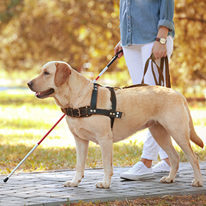 Blind man going for a walk with cane and guide dog