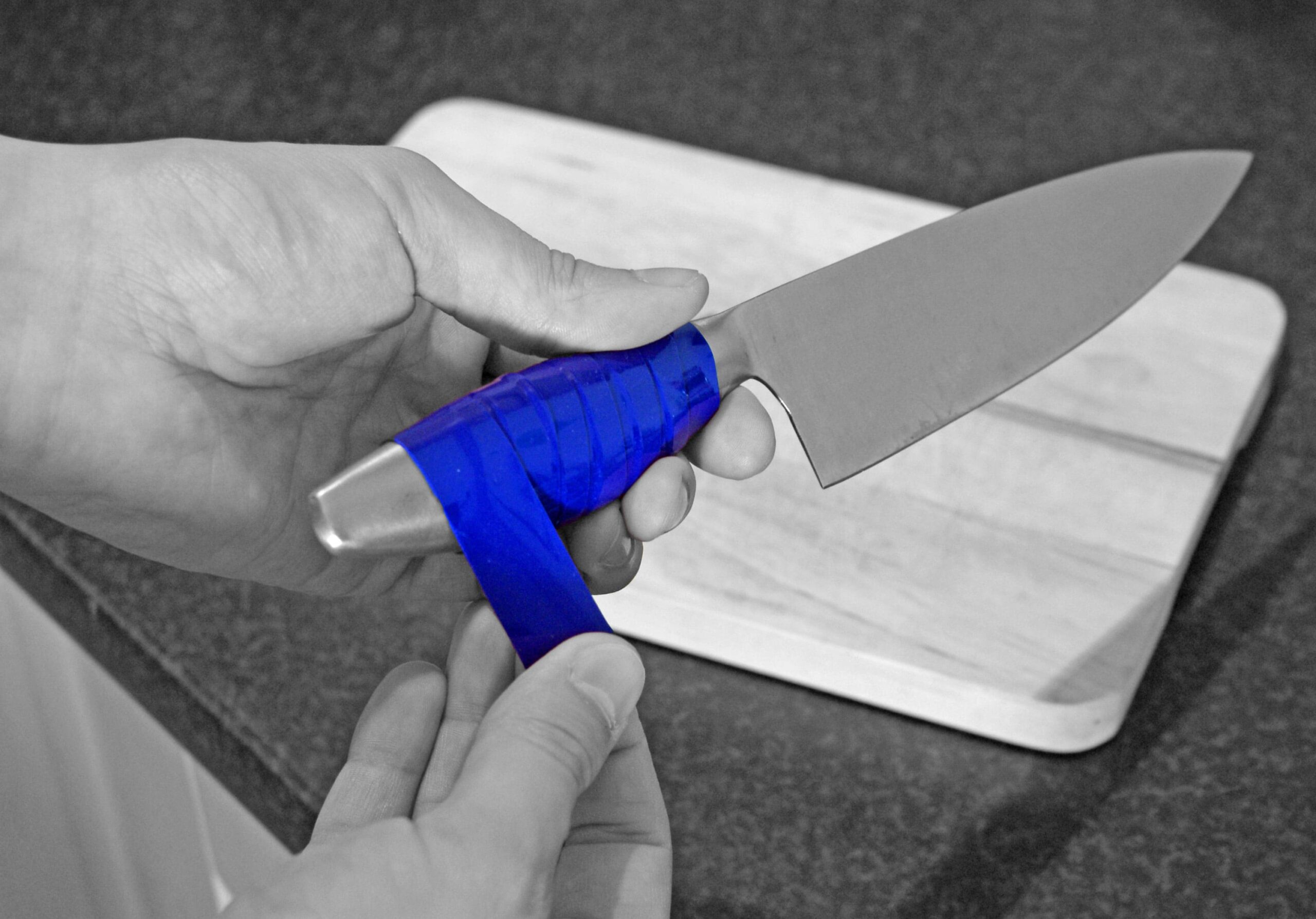 T-S-2-Blue-Grip-Strip-Knife-2 Blue Grip Strip on Kitchen Knife