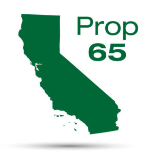 Prop 65 Graphic Green silhouette of the state of California with the text "Prop 65" beside it, indicating California Proposition 65 compliance or warning.