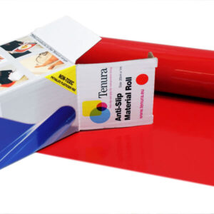 Red Tenura anti-slip material roll partially pulled from branded packaging, labeled non-toxic and free from phthalate plasticizers.