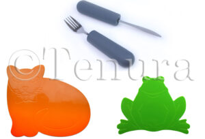 Tenura daily living aids including a pair of gray cutlery grips on a knife and fork, an orange cat-shaped non-slip mat, and a green frog-shaped non-slip mat, displayed on a white background.