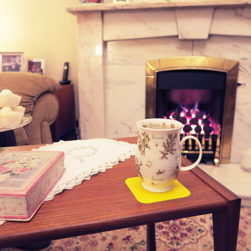 Yellow Square Coaster-Application mug-Living Room Background 4